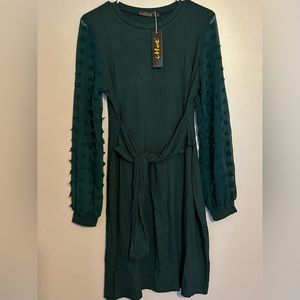 Dark Green Long Sleeve Tie Waist Dress